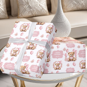 Cute Bear Pink 1st Birthday Name Wrapping Paper