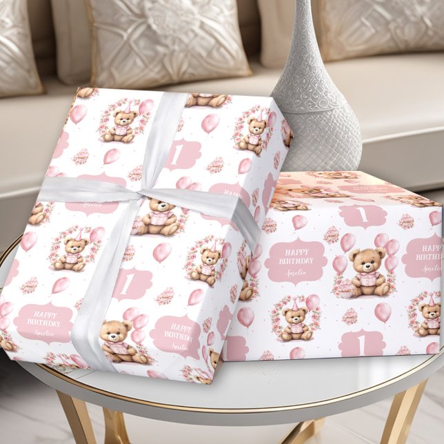 Cute Bear Pink 1st Birthday Name Wrapping Paper (Cute Bear Pink 1st Birthday Name Wrapping Paper)