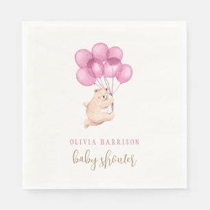 Cute Bear Pink Balloon Baby Shower Napkin