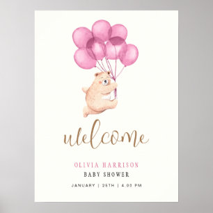Cute Bear Pink Balloon Baby Shower Welcome Sign