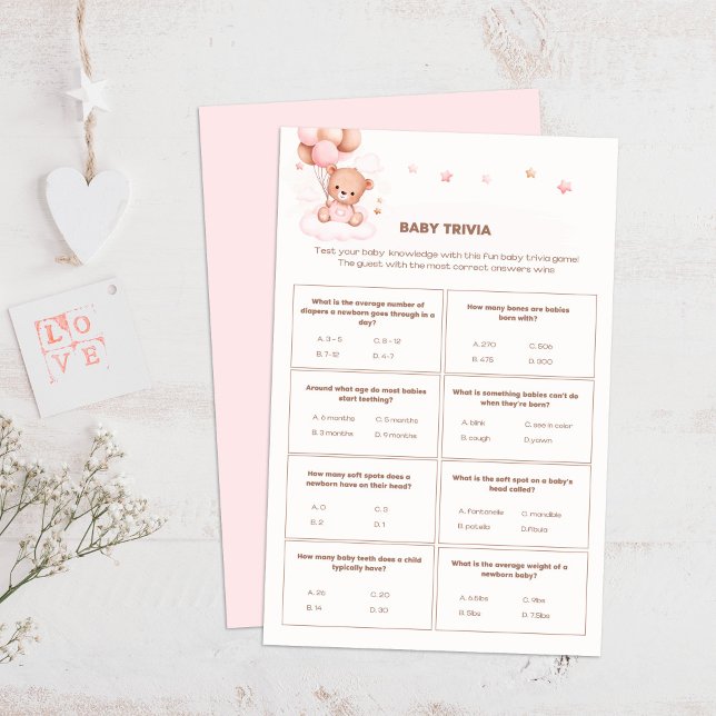 Cute Bear & Pink Balloons Baby Shower Trivia Game (Cute Bear & Pink Balloons Baby Shower Trivia Game on a boho wooden table.)