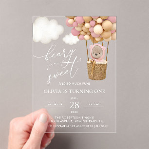 Cute Bear, Pink Balloons, First Birthday Acrylic Invitations