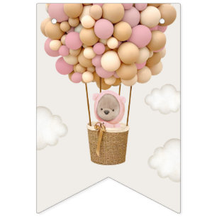 Cute Bear, Pink Balloons, First Birthday Bunting