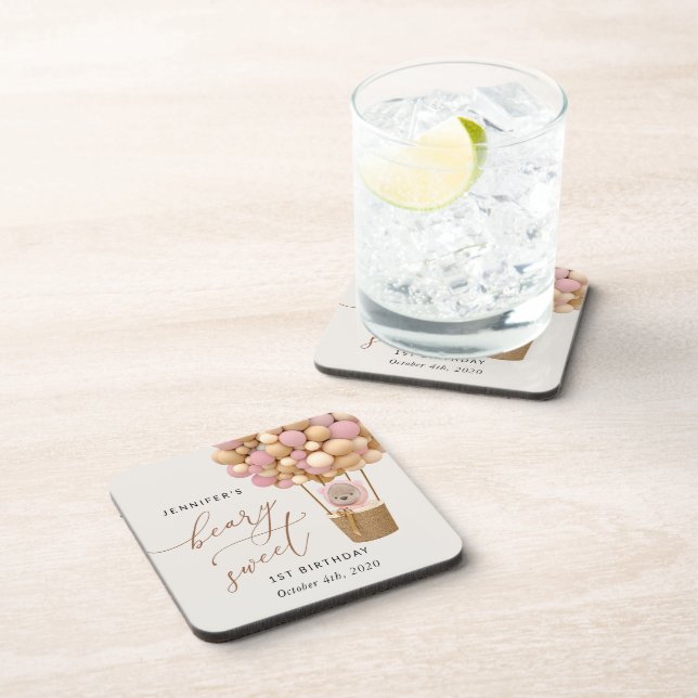 Cute Bear, Pink Balloons, First Birthday Coaster (Right Side)