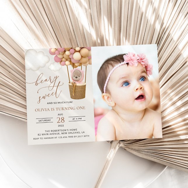 Cute Bear, Pink Balloons, First Birthday Invitation (Creator Uploaded)
