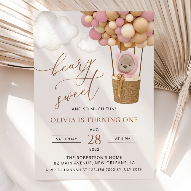 Cute Bear, Pink Balloons, First Birthday Invitation (Creator Uploaded)
