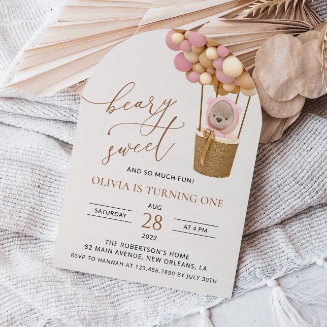 Cute Bear, Pink Balloons, First Birthday Invitation (Creator Uploaded)