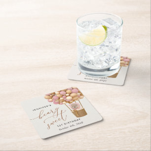 Cute Bear, Pink Balloons, First Birthday Square Paper Coaster