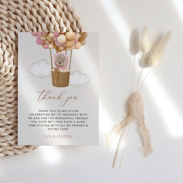 Cute Bear, Pink Balloons, First Birthday Thank You Card (Creator Uploaded)