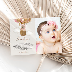 Cute Bear, Pink Balloons, First Birthday Thank You Card