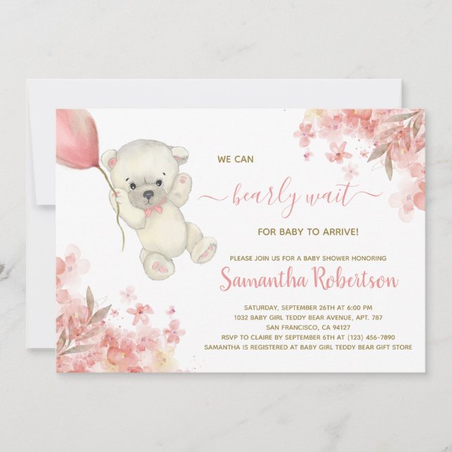 Cute Bear Pink Floral Balloon Girl Baby Shower  Invitation (Front)
