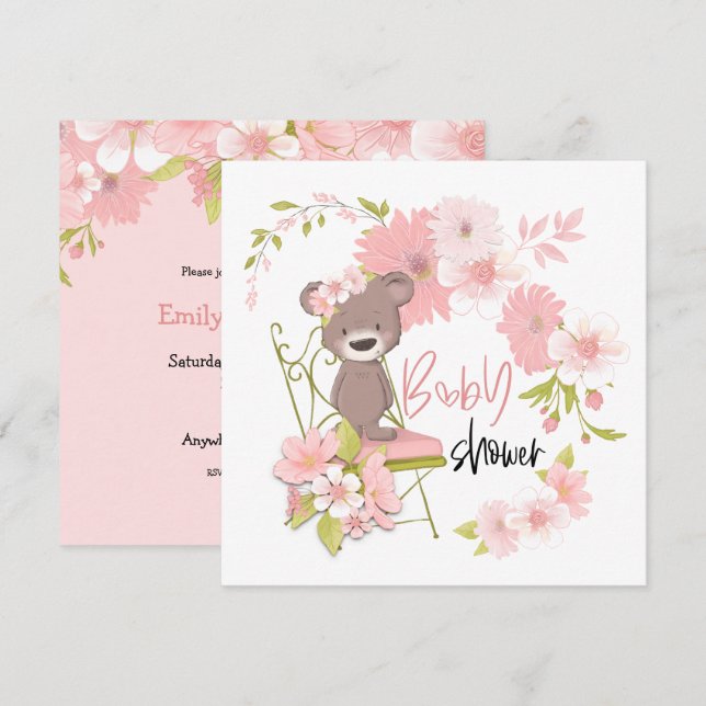 Cute Bear Pink White Florals Girl Baby Shower Invitation (Front/Back)