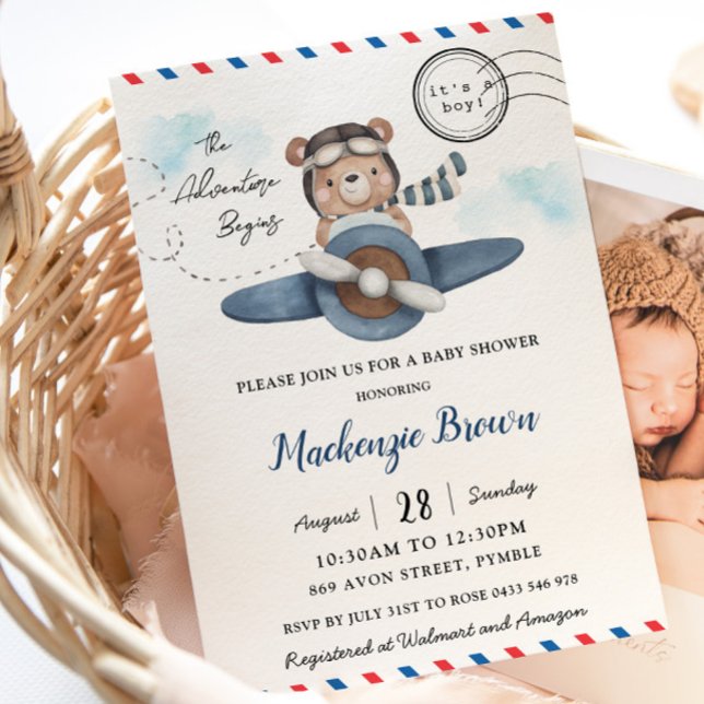 Cute Bear Plane Adventure Begins Boy Baby Shower  Invitation (cute bear riding a blue plane postcard style invitation adventure begins baby shower invitation )