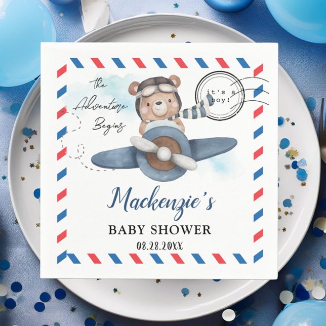 Cute Bear Plane Adventure Begins Boy Baby Shower  Napkin (cute bear riding a blue plane postcard style postmark adventure begins baby shower birthday napkins)
