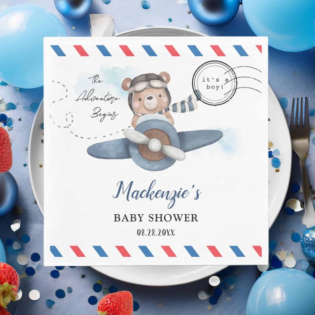 Cute Bear Plane Adventure Begins Boy Baby Shower  Napkin (cute teddy bear blue airplane adventure begins postcard style postmark baby shower birthday napkins)
