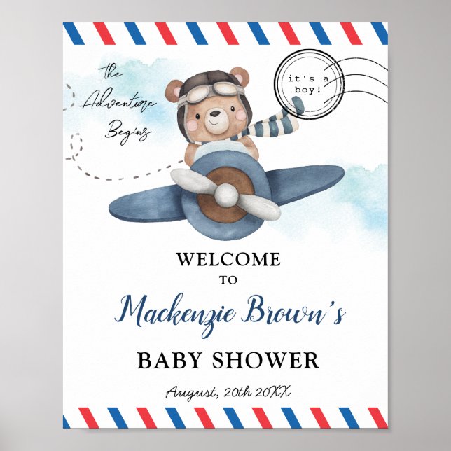 Cute Bear Plane Adventure Begins Boy Baby Shower Poster (Front)