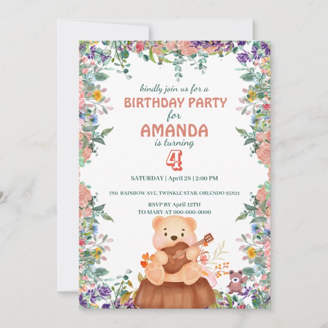 Cute Bear play guitar flora Birthday Party kids Invitation (Front)