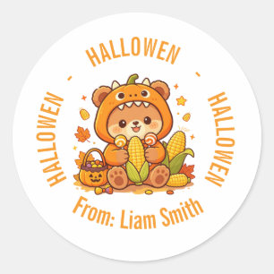 Cute Bear Pumpkin Custom Name Halloween Classic Round Sticker
