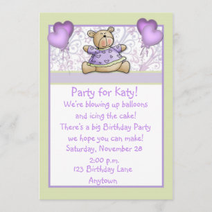 Cute Bear Purple Birthday Invitation