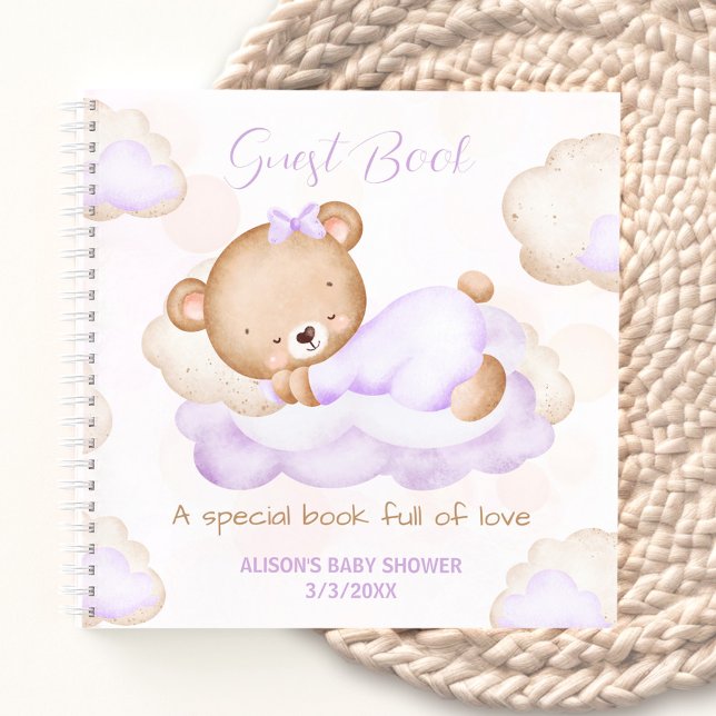 Cute Bear Purple Girl Baby shower Guest Book (Bearly Wait Purple Girl Baby shower Guest Book)