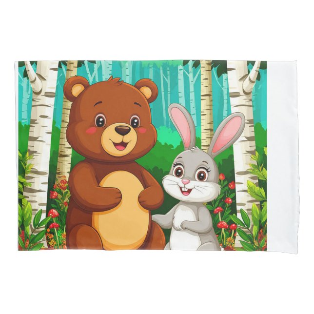 🐻🐰 Cute Bear & Rabbit Forest Friendship 🌿 Pillowcase (Front)