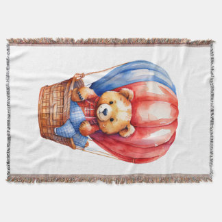 Cute Bear Riding in a Hot Air Balloon Throw Blanket