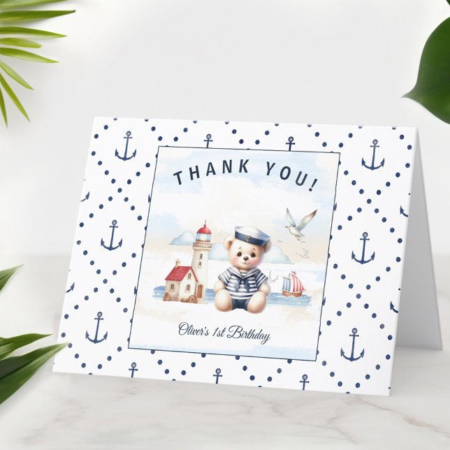 Cute Bear Saior Nautical Blue 1st Birthday Boy Thank You Card (Cute Bear Saior Nautical Blue 1st Birthday Boy Thank You Card)