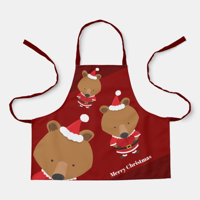 Cute Bear Santa Burgundy Merry Christmas Apron (Front)