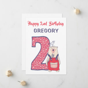 Cute bear second birthday card with name