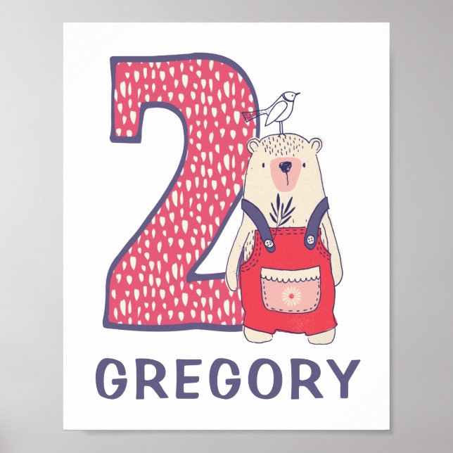 Cute bear second birthday with name  poster (Front)