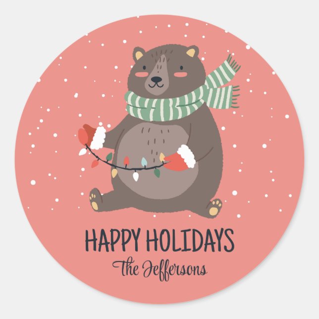 Cute Bear Snowy Winter Holiday Christmas Animal Classic Round Sticker (Front)