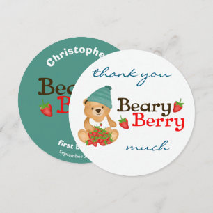 Cute Bear Strawberries Beary Berry First Birthday Thank You Card