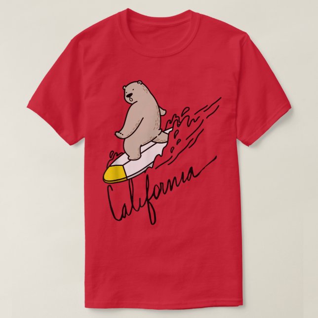 Cute Bear Surfing Tee California Bear state flag C (Design Front)