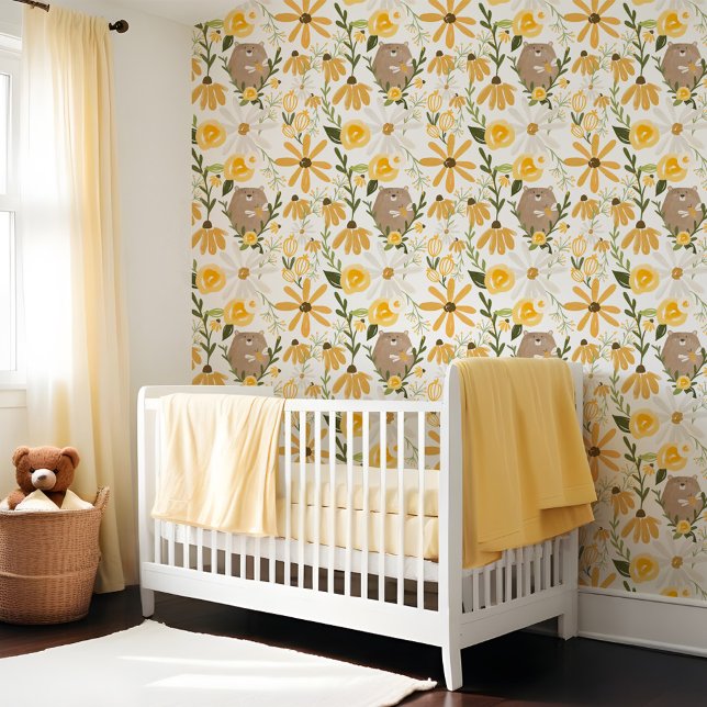 Cute Bear & Sweet Honey Bee Yellow Wildflower Wallpaper (Cute Bear & Sweet Honey Bee Yellow Wildflower Wallpaper)