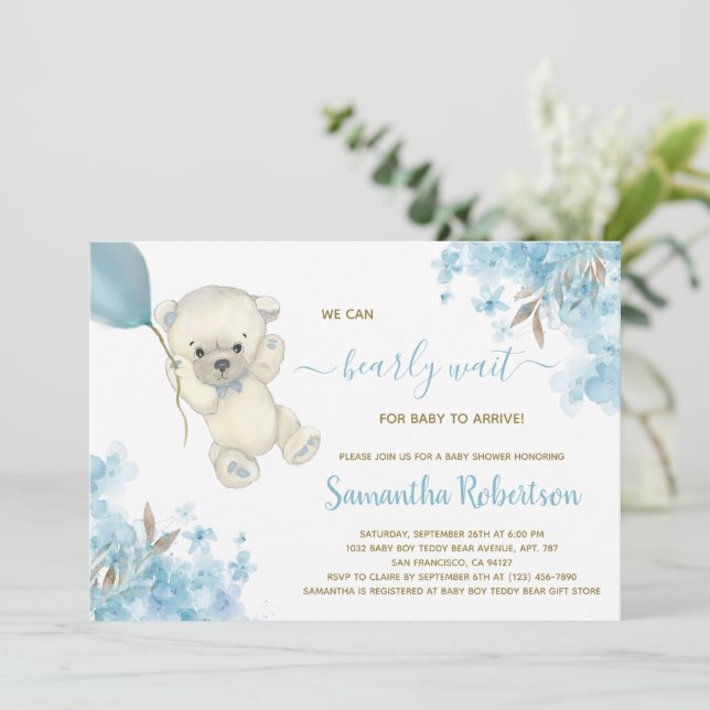 Cute Bear Teddy Blue Balloon Boy Baby Shower   Invitation (Standing Front)