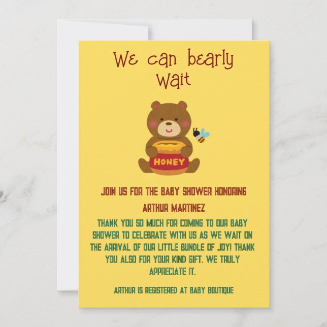 Cute Bear Theme Boy Baby Shower Invitation (Front)
