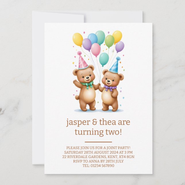 Cute Bear Twins 2nd Birthday Party Invitation  (Front)