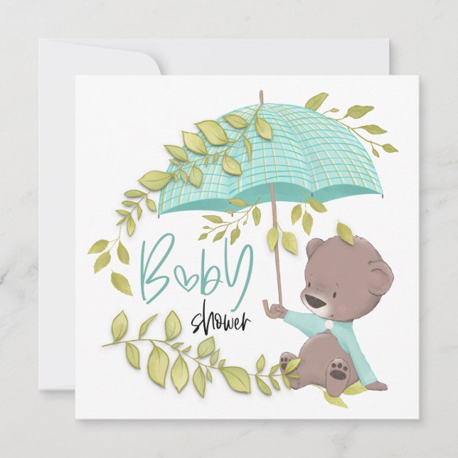 Cute Bear Umbrella Botanical Boy Baby Shower Invitation (Front)