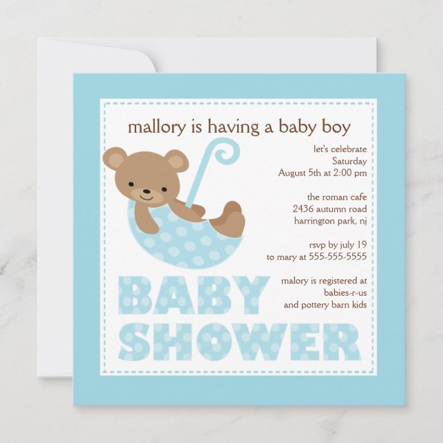 Cute Bear Umbrella Boy Baby Shower Invitation (Front)