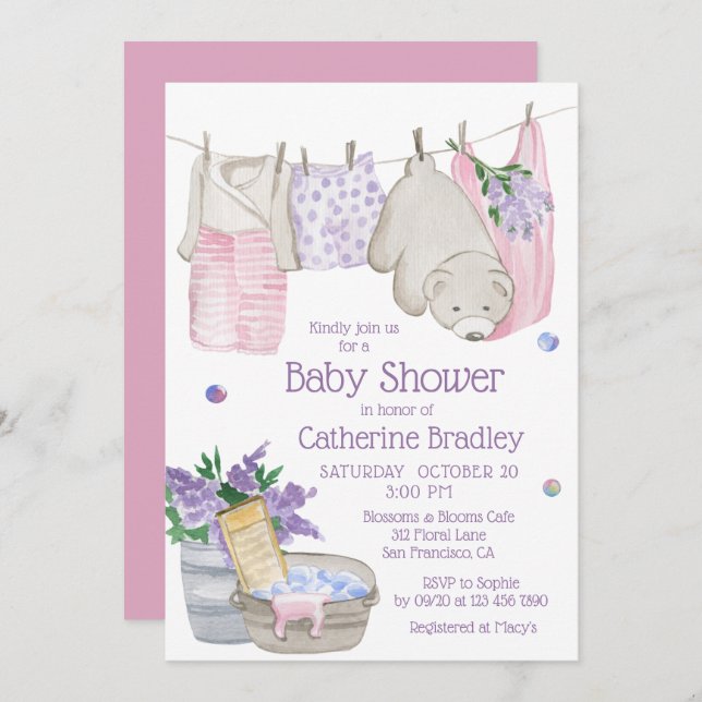 Cute Bear Wash Day Watercolor Baby Shower Invitation (Front/Back)