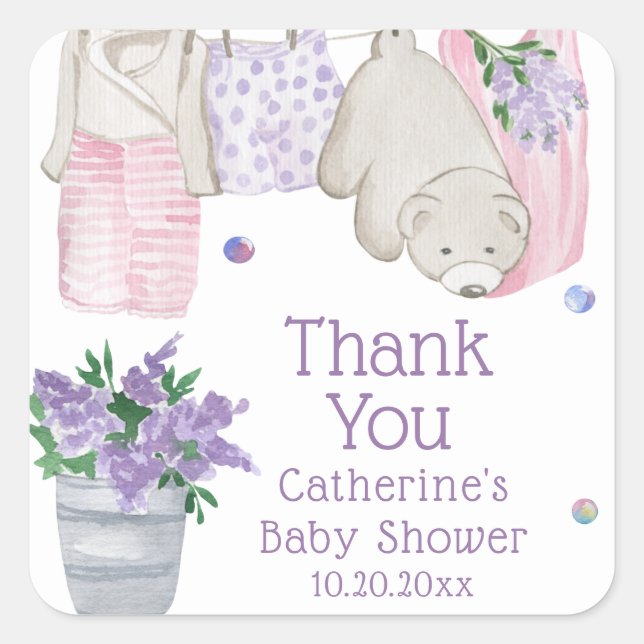 Cute Bear Wash Day Watercolor Baby Shower Square Sticker (Front)