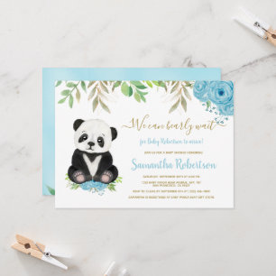 Cute Bear Watercolor Blue greenery Boy Baby Shower Invitation