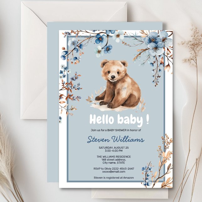 Cute bear watercolor boy baby shower invitation  (Cute bear with rustic blue flowers baby shower invitation)