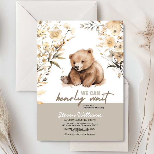 Cute bear watercolor boy baby shower invitation  (Cute bear with rustic beige flowers baby shower invitation)