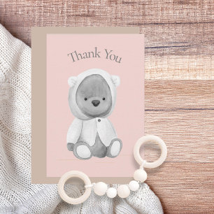 Cute Bear Watercolor Pink Baby Shower Thank You Card