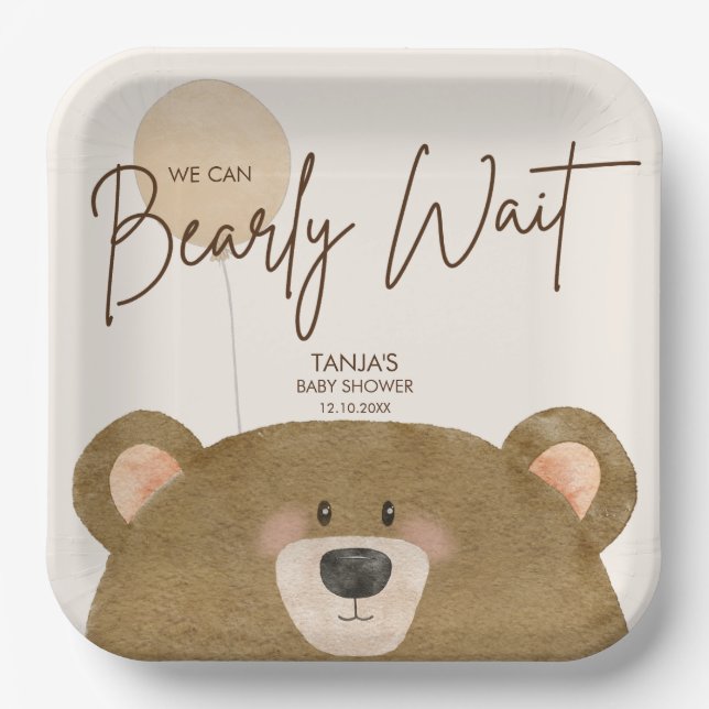 Cute Bear We Can Bearly Wait Gender Baby Shower  Paper Plate (Front)