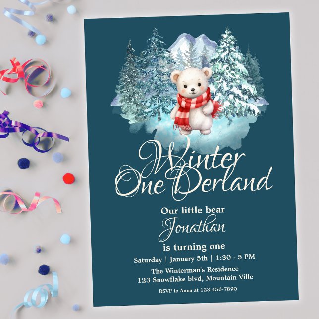 Cute Bear Winter Onederland 1st Birthday Party Invitation (Creator Uploaded)