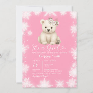 Cute Bear Winter White Snowflakes Girl Baby Shower Invitation