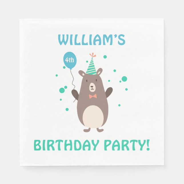 Cute Bear with Balloon Birthday Party Napkin (Front)
