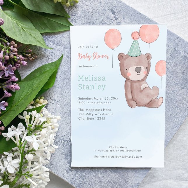 Cute bear with balloons baby shower invitation (Creator Uploaded)